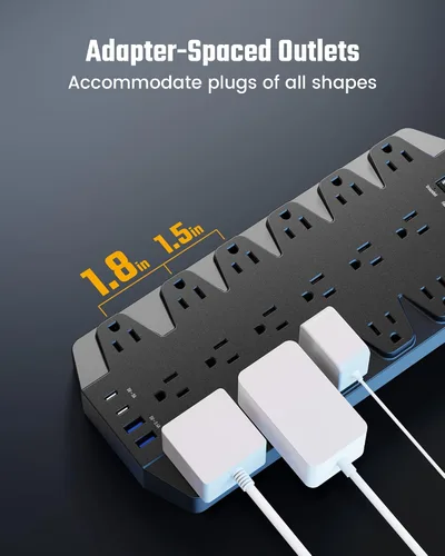 Vista 4 de SUPERDANNY Lámpara LED de escritorio con 18 tomas de corriente, protector de sobretensiones con puertos USB, cable de extensión resistente