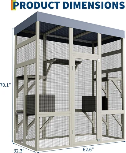 Vista 2 de Gran recinto Catio para exteriores, espaciosa casa de madera para gatos con cinco plataformas de actividades y dos áreas de descanso, refugio