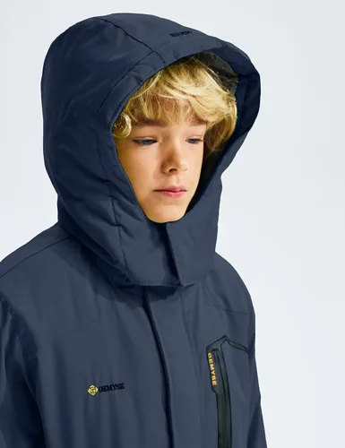 Vista 5 de GEMYSE Chaqueta de esquí impermeable para niños con capucha de forro polar resistente al viento chaqueta de invierno
