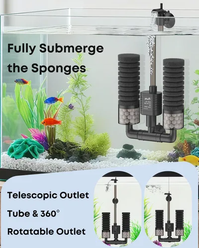 Vista 6 de Pawfly Filtro de esponja para acuario, filtro de tanque de peces de 70 GPH, filtro sumergible de 3 W para acuario pequeño con bomba de agua, espumas