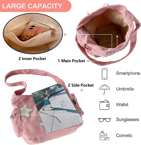 Vista 3 de Bolso cruzado de pana para mujer, diseño de estrella, bolso de mensajero estético, lindo bolso de hombro Y2K