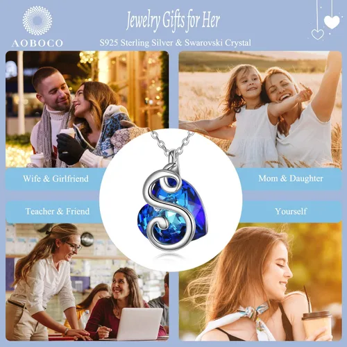Vista 5 de AOBOCO Collar de plata de ley con inicial y cristal de corazón, delicado regalo de joyería para ella