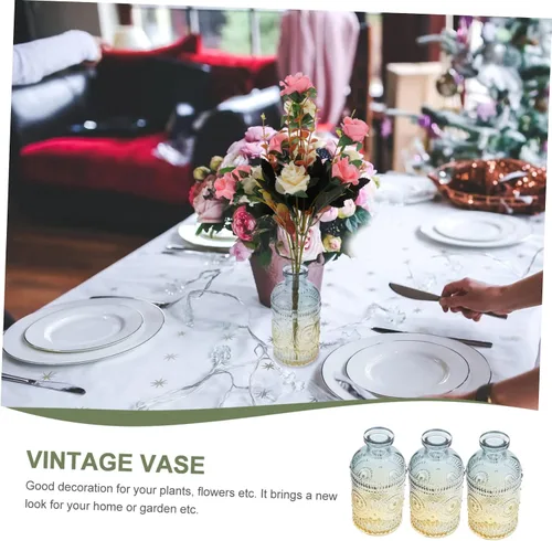 Vista 6 de Homoyoyo Florero retro con base en relieve beige vintage, 3 piezas, para flores secas