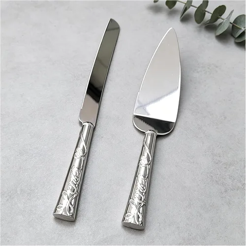 Vista 9 de Juego de cuchillo y servidor de plata para boda, juego de 2 piezas de postre con mango de metal con piedras de cristal para decoración de bodas
