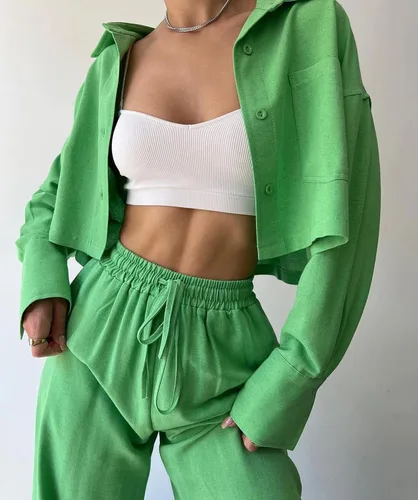 Vista 3 de GXFGZZRS Womens Two Piece Outfits Summer Button Down Long Sleeve Cropped Shirt Blouse and Drawstring Long Pants Linen Set