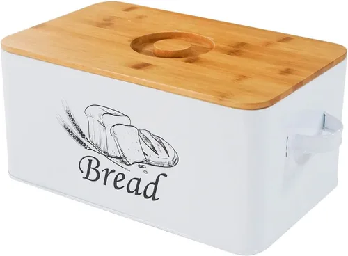 Vista 13 de SOTECH Caja de Pan con 3 Frascos Café Azúcar Té para Encimera de Cocina Caja de Pan de Metal Blanco con Tapa de Tablero de Bambú Conjunto