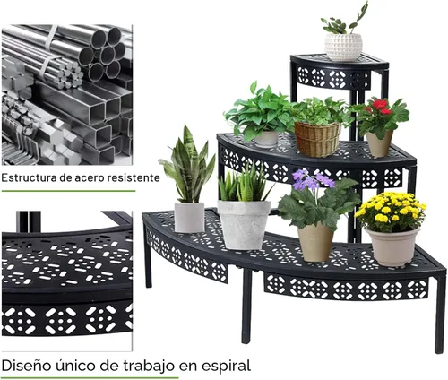 Vista 6 de aboxoo Soporte para Plantas de 3 Niveles Estante para Macetas de Flores, Estante Esquinero Estilo Escalón de Metal para Jardineras, Soporte