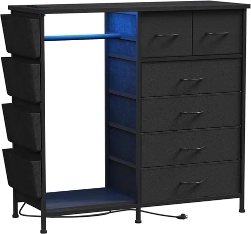 Vista 8 de Cómoda de 6 cajones para dormitorio con perchero para ropa, cómoda para ropa con bolsillos laterales y ganchos, estación de carga y luces LED, parte