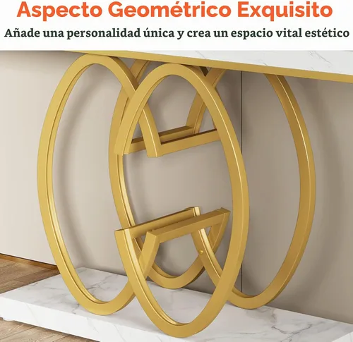 Vista 6 de Tribesigns Mesa Consola de 55 Pulgadas para Pasillo, Mesa de Entrada de Mármol Sintético Dorado con Base de Metal Geométrico, Mesa de Acento Moderna