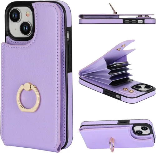 Vista 11 de Folosu Compatible con iPhone 15 Funda cartera con tarjetero con rotación de 360°, soporte de anillo de dedo con función atril, bloqueo RFID, de Negro