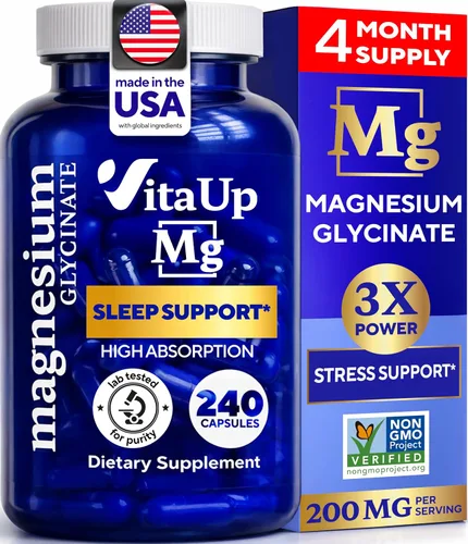 Vista 10 de VitaUp Glicinato de magnesio 200 mg – Hecho en Estados Unidos, altamente absorbente, magnesio sin OMG para relajación, sueño profundo, huesos