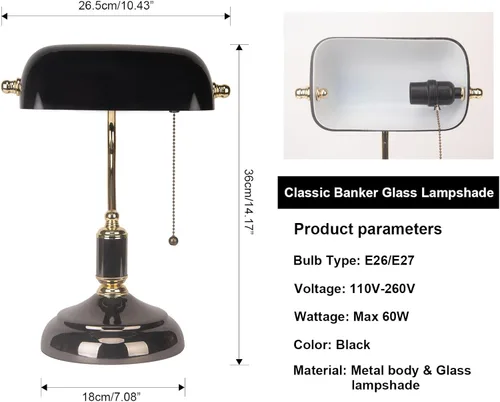 Vista 5 de FIRVRE Bankers - Lámpara de escritorio con interruptor de cadena de tracción con enchufe, lámparas de escritorio con pantalla de vidrio negro, base