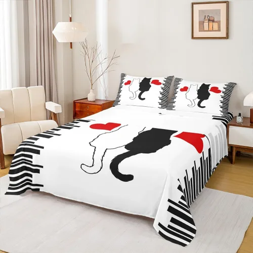 Vista 21 de Dog Side My Side - Juego de sábanas de tamaño Queen, color negro y blanco, sábana bajera ajustable para mujeres y hombres, sábanas románticas