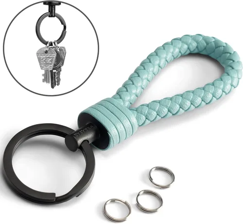 Vista 3 de SERASAR Llavero de cuero fuerte con llavero de acero inoxidable - Anillos adicionales para llaves pequeñas - Con caja de regalo