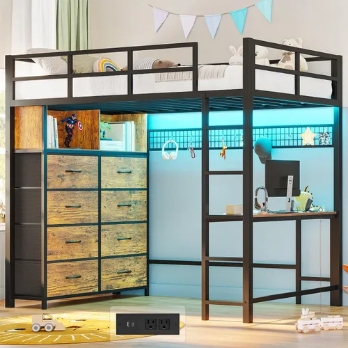 Vista 12 de ADORNEVE Cama tipo loft de tamaño matrimonial con escritorio y 8 cajones de Gris
