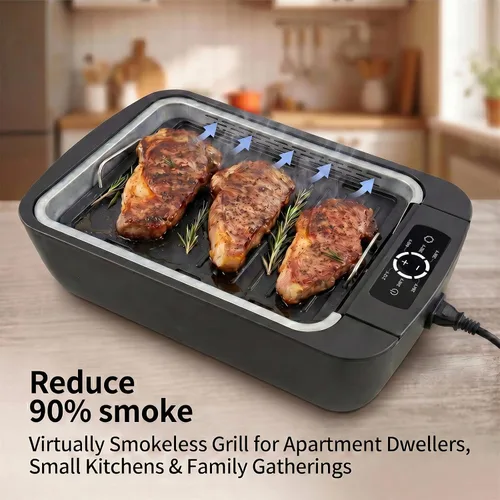 Vista 5 de Parrilla y plancha sin humo para interiores de 1100 W, control de humo de barbacoa coreana con control de temperatura de ventilador, placa