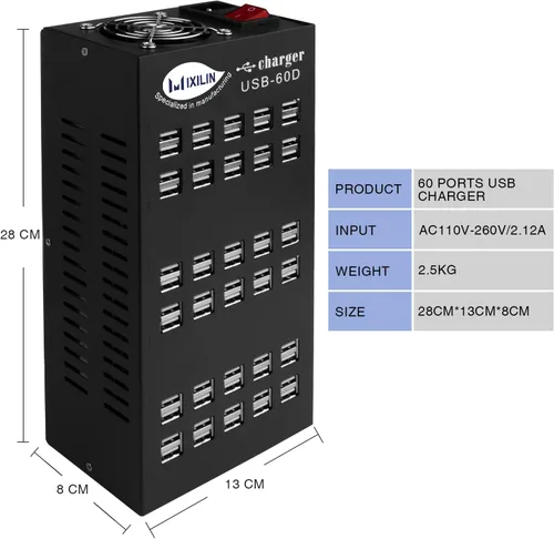 Vista 3 de Cinlinso - Estación de carga USB, 60 puertos 300 W/60 A, protección inteligente, estación de carga USB multipuerto para teléfonos inteligentes