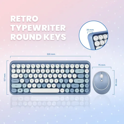 Vista 8 de Perixx PERIDUO-713BL Combo de Teclado y Ratón Inalámbrico Mini - Teclas Redondas Retro - Azul Pastel - Diseño de Teclado Inglés de EE. UU. (11909)