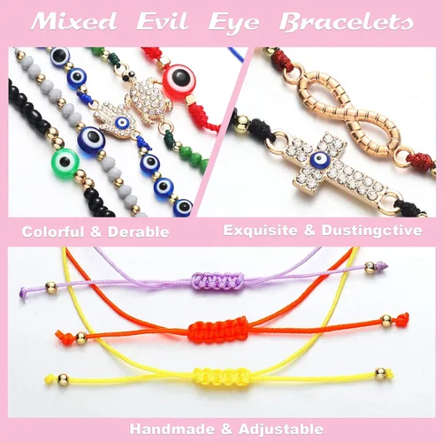 Vista 3 de WILLBOND 60 pulseras de ojo malvado pulseras mexicanas con nudo de cuerda pulseras de cuentas ajustables pulseras de eslabones de la suerte