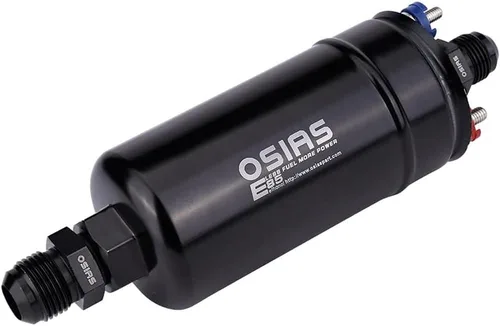 Vista 2 de OSIAS 380LPH Bomba de combustible externa en línea compatible con E85 10AN entrada con válvula de retención 8AN salida 0580254044