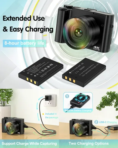 Vista 5 de Cámara digital 4K para fotografía, cámara de video de enfoque automático de 64 MP para YouTube con lente selfie, cámara de video compacta de viaje