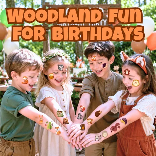 Vista 5 de 96 tatuajes temporales precortados de animales del bosque para niños, bonitos recuerdos de fiesta con temática forestal, perfectos para fiestas