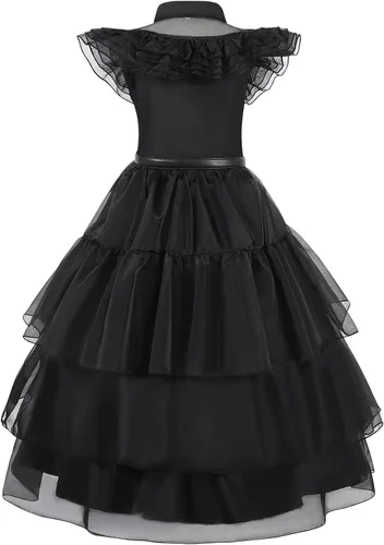 Vista 2 de Benylion Wednesday Costume Dress for Girls Kids Black Tulle Tutu Dresss with Belt Stage Show Halloween Party Outfit