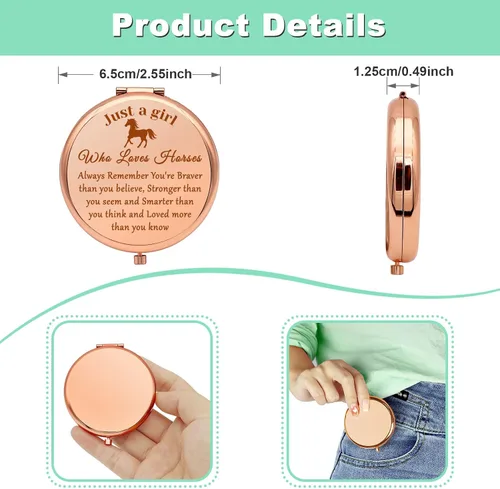 Vista 4 de Regalo para amantes de los caballos, regalos para niñas, espejo de maquillaje compacto para hija, sobrina, regalos ecuestres para mujeres, amantes