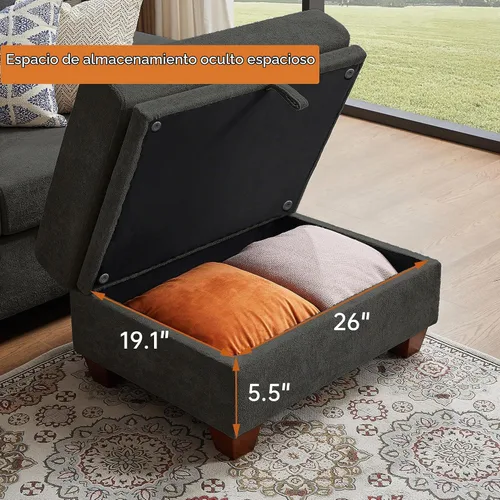Vista 6 de Sofás seccionales de 4 asientos para sala de estar, dormitorio, oficina, sofá modular convertible en forma de L con otomana y portavasos, gris oscuro