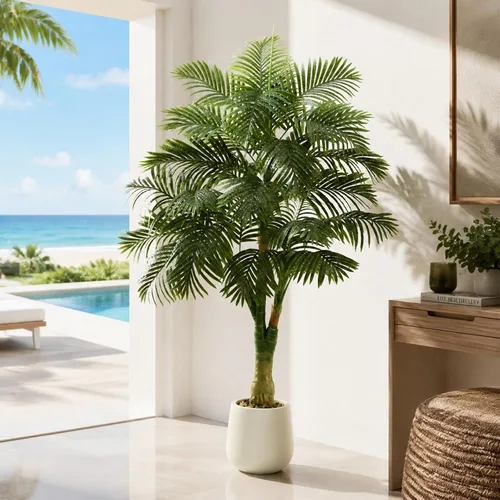 Vista 11 de Palmera artificial de caña dorada de 6 pies, plantas artificiales Planta de palma de seda sintética en maceta blanca, árboles artificiales altos