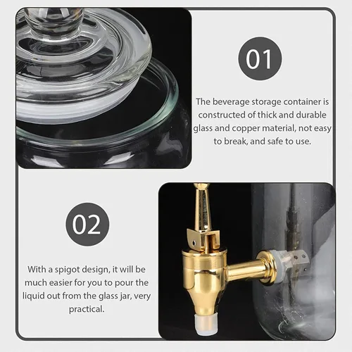 Vista 6 de Dispensador de agua con grifo, dispensador de bebidas de vidrio con grifo de metal, conveniente boca ancha y tapa de vidrio para exteriores, fiestas