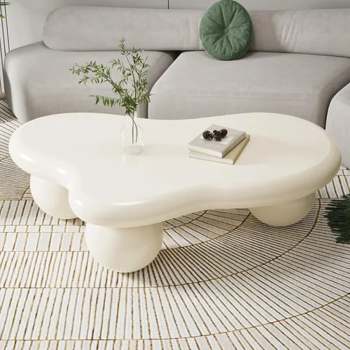 Vista 8 de Mesa de centro en forma de nube de 40 pulgadas, modernas mesas de centro ovaladas irregulares con 3 bases, mesa central color crema para dormitorio