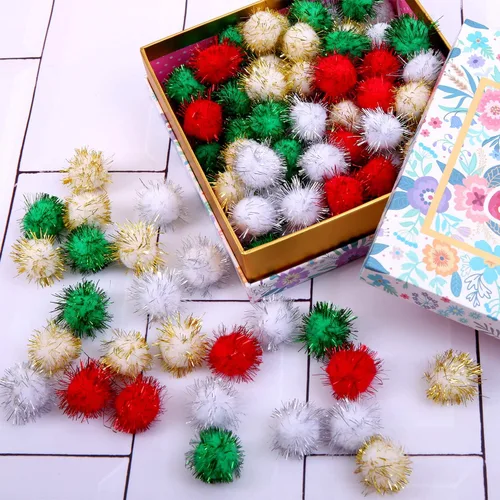 Vista 6 de 200 pompones de Navidad con purpurina de colores surtidos (0.59 pulgadas)