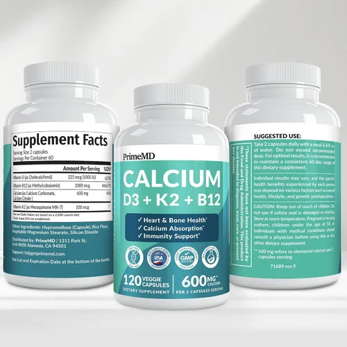 Vista 8 de Suplementos de calcio 4 en 1 para mujeres y hombres - Suplemento de calcio con vitamina D3 K2 5000 UI, 601 mg por porción - Sin gluten, apto