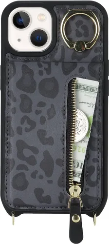 Vista 3 de Funda para iPhone 13 mini con tarjetero y correa para mujer, bolsa cruzada con soporte de anillo con cremallera para Apple 13mini, leopardo negro