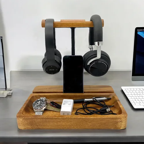 Vista 2 de Soporte dual para auriculares, soporte de madera de acacia para 2