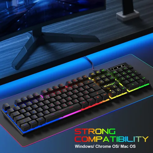 Vista 8 de BlueFinger Teclado para juegos USB con cable de tamaño completo, teclado retroiluminado con arco iris iluminado con teclas multimedia, escritura
