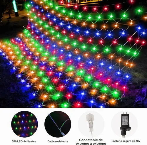 Vista 6 de Luces de Navidad para exteriores, 360 luces LED resistentes de red de Navidad, 12 x 5 pies, 8 modos de luz, luces de decoración de Navidad