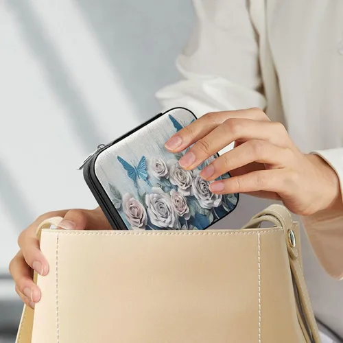 Vista 7 de Flradish White Blue Roses Travel Jewelry Case PU Leather Mini Jewelry Travel Case Portable Travel Jewellery Ring Organizer for Womens Rings Earrings