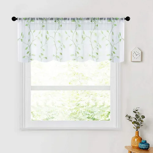 Vista 23 de MRTREES Cenefa de cortina transparente de Navidad, 2 paneles de cortinas bordadas con hojas pequeñas de 54 x 16 pulgadas, bolsillo para barra
