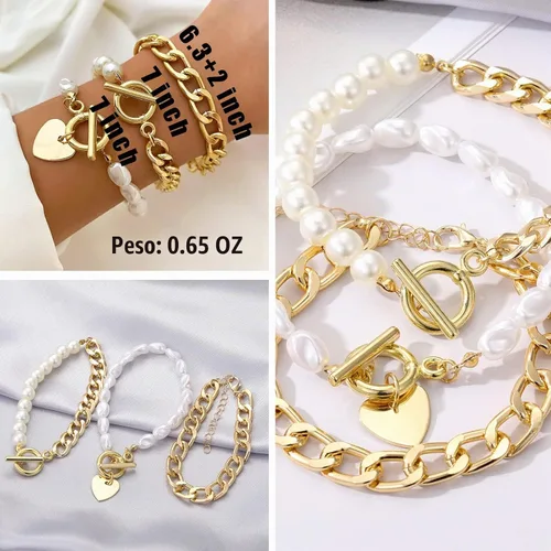 Vista 4 de IFKM Juego de 6 pulseras de cadena de oro bohemio para mujer, chapado en oro de 14 quilates, múltiples capas, apilables, abiertas, con eslabones