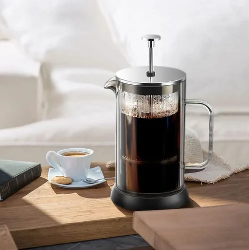 Vista 3 de Cafetera de prensa francesa, sistema de filtración de 3 niveles de vidrio resistente al calor, tetera de vidrio de borosilicato, tetera de vidrio