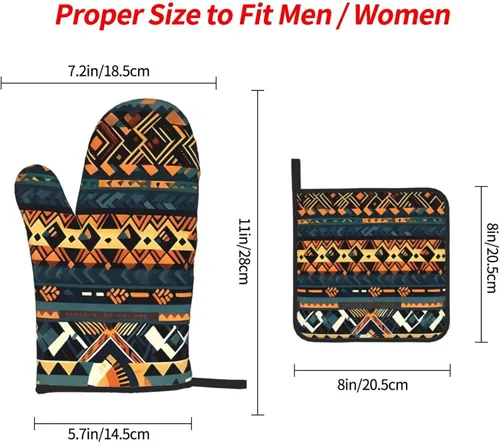 Vista 4 de Juego de guantes de horno y soportes para ollas con textura étnica tribal africana, guantes de cocina y soportes para ollas, juego de 3 piezas