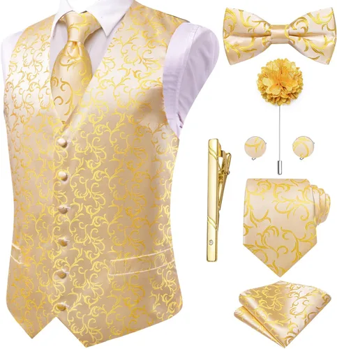 Vista 11 de Hi-Tie Chaleco de traje de seda para hombre, corbata y corbatín de solapa, clip de corbata dorado, chaleco floral de cachemira, 8 piezas, conjunto