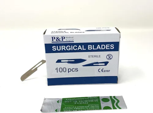 Vista 6 de Cuchillas de bisturí quirúrgicas desechables, acero al carbono estéril de alta calidad, 2.1% 10xx envueltas individualmente por P & P Medical