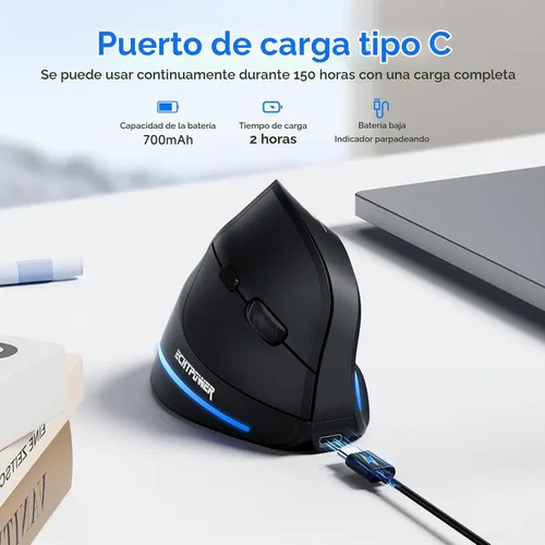 Vista 4 de ECHTPower Ratón inalámbrico ergonómico, mouse vertical Bluetooth con luz LED, controla hasta 3 dispositivos (BT5.0+BT5.0+2.4GHz), DPI ajustable