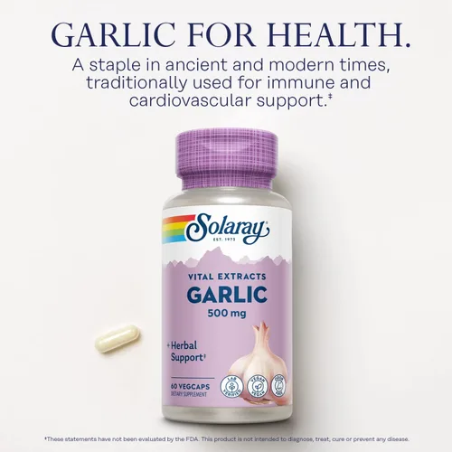 Vista 4 de SOLARAY Suplemento de ajo de 500 mg, vegano, extracto de ajo inodoro, utilizado tradicionalmente para la salud del corazón y el apoyo inmunológico