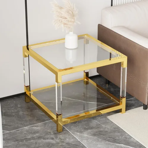 Vista 37 de Mesa auxiliar de cristal dorado de lujo, moderna mesa de centro cuadrada para sofá con base de acero inoxidable con espejo brillante, mesa de noche