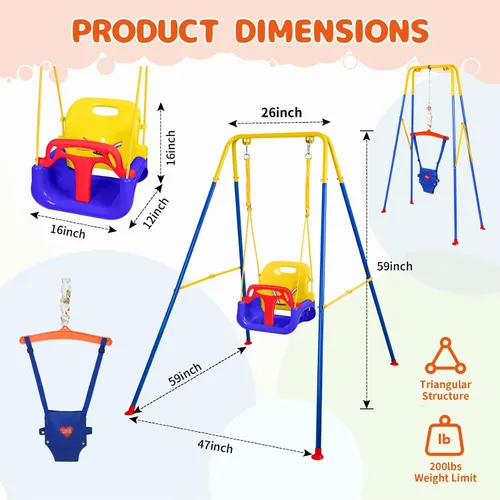 Vista 2 de Toddler Swing Set and Baby Jumper, Foldable Baby Swing Set with Metal Stand for Indoor & Outdoor Use, Baby Bouncer Jumper Durable Swing Set for Aged