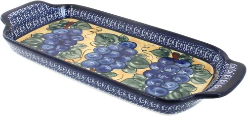 Vista 7 de Bandeja de pan de pavo real con flores de cerámica polaca con asas
